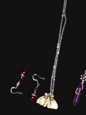 Hot Topic Silver Moth Necklace with Purple Gem and Red Bead Earrings